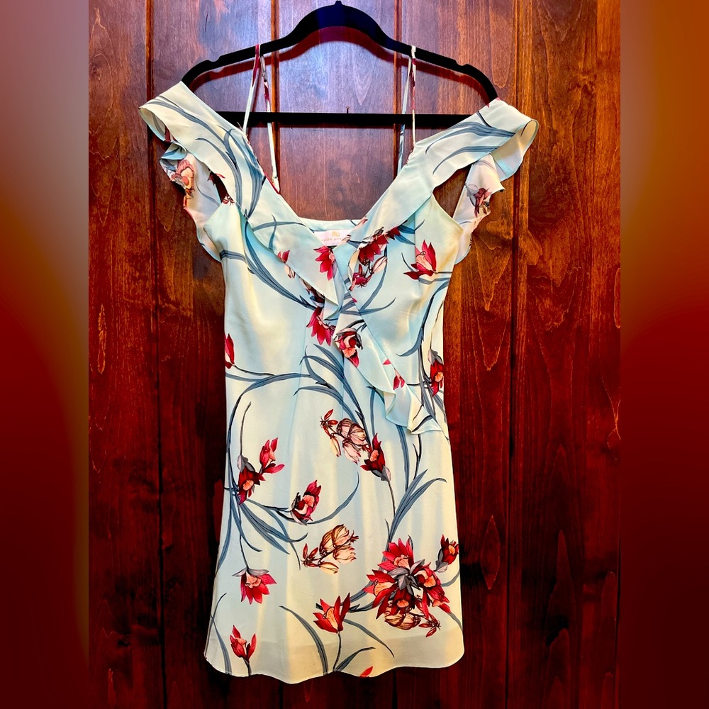Amanda Uprichard off the shoulder, light blue / turquoise mini dress